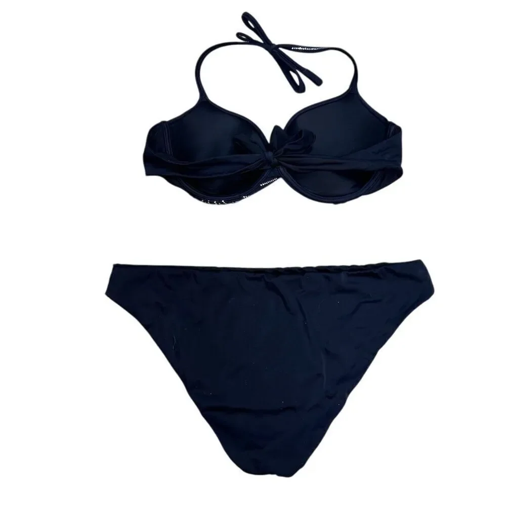 NWOT Calzedonia M Black Crystal Embellished Striped Halter Bikini Set 2 Piece